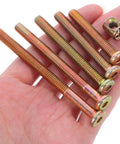 M6 X 40 To 80Mm Hex Drive Socket Screws And Barrel Nut Set in hand, showcasing size and golden finish for furniture repairs.