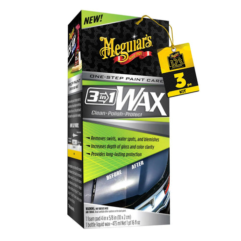 Box of 3-in-1 wax cleaner featuring 'All In One Car Wax Cleaner That Cleans Dirt Grime And Water Spots, Removes Light Scratches'