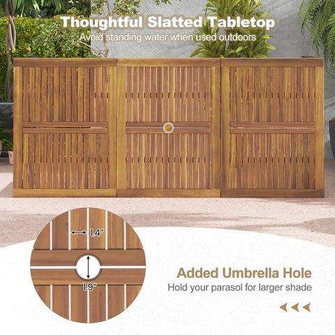 Acacia Wood Outdoor Dining Table For Eight With Umbrella Hole Metal Legs And Adjustable Foot Pads 79 Inch Rectangular Patio Table