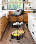 Two Tier Rolling Utility Cart With Wood Top And Lockable Wheels Metal Storage Trolley in kitchen with glassware and boxes.