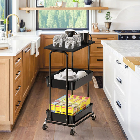 Two Tier Rolling Utility Cart With Wood Top And Lockable Wheels Metal Storage Trolley in kitchen with glassware and boxes.