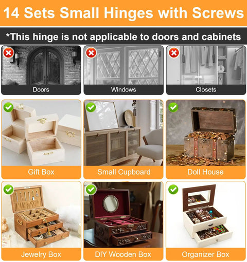 14 sets of small hinges with screws for jewelry box, gift box, small cupboards, dollhouse, DIY wooden box, organizer box use.