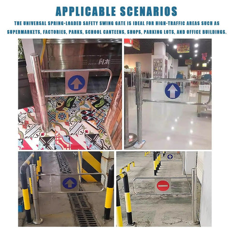 Hella Sturdy Stainless Steel Self Closing Swing Gate For Storefronts With Slick Auto Spring Feature and Reliable One Way Pedestrian Entry in busy retail spaces.