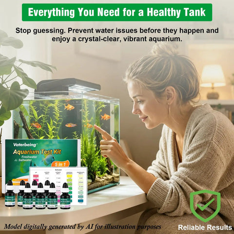 Woman testing fish tank water with 5 In 1 Aquarium Water Test Kit Keeps Your Fish Tank Hella Clean By Checking Ph Ammonia Nitrite Nitrate And Phosphate.