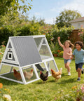 Large Triangle Chicken Coop With Run For 4-6 Chickens, Wooden A-Frame Hen House With Nesting Boxes in a garden with children playing