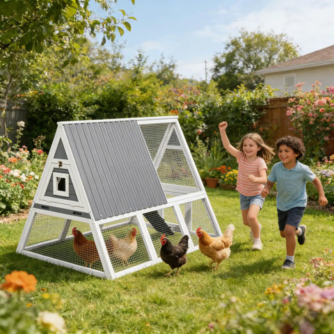 Large Triangle Chicken Coop With Run For 4-6 Chickens, Wooden A-Frame Hen House With Nesting Boxes in a garden with children playing