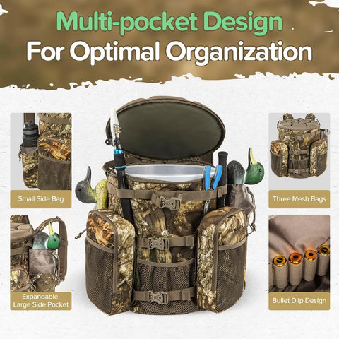 Hunting Bucket Backpack With Built-In Cushioned Seat For 5-Gallon Buckets Not Including Bucket Or Lid, multi-pocket design.