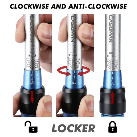 1/4 Inch Drive Click Torque Wrench Set Dual Direction Adjustable 72-Tooth showing clockwise and anti-clockwise rotation setup.
