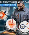 High quality silicone ear plugs with NRR 25dB in action; ideal for shooters and tradesmen; ANSI S3.19 rated.