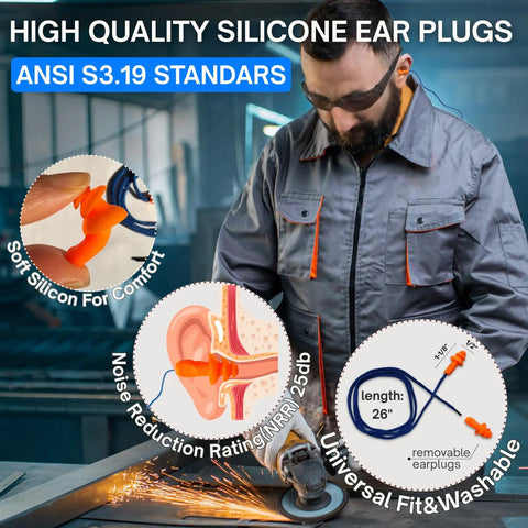 High quality silicone ear plugs with NRR 25dB in action; ideal for shooters and tradesmen; ANSI S3.19 rated.
