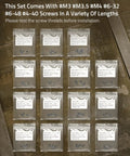Assorted Red Dot Sight And Optics Mount Screws Pack 45 pieces with imperial and metric threads in 15 sets displayed in bags.