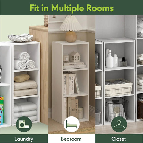 Sleek 3 Cube Bookshelf In White With No Fuss Setup For Living Room Bedroom Or Home Office showcasing storage in laundry, bedroom, and closet.