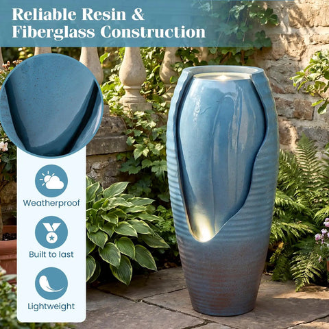 32 Inch Outdoor Jar Water Fountain With LED Lights, Vintage Blue Cracked Jar Design, Resin Patio Water Feature