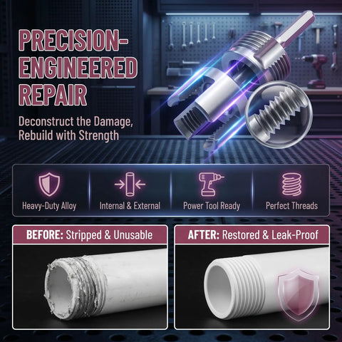 DIY Ready PVC Pipe Threader Kit With Half Inch Three Quarter Inch And One Inch NPT Dies For Internal And External Threads On PVC And Plastic Pipes Electric Drill Compatible Handy Plumbing Tool For Home Repairs And DIY Projects, showing threading precision and repair results on plastic pipe