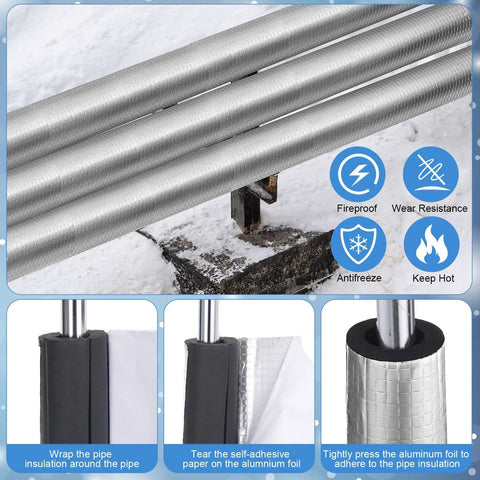 Close-up of 24 Pcs Pipe Insulation Foam Tubes And 4 Pcs Elbow Covers Self Adhesive Pre Slit Aluminum Foil Wrap in winter setting.