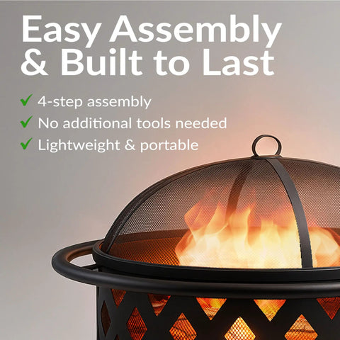 Crossweave Outdoor Wood Burning Fire Pit For Patio Or Yard 36 Inch Round Black Fire Pit with sparks through mesh screen