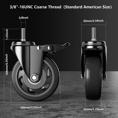 Diagram of Four Inch Stem Caster Wheels Heavy Duty Threaded Stem Casters UNC 3/8-16 X 1 Swivel Casters Set Of Four dimensions.
