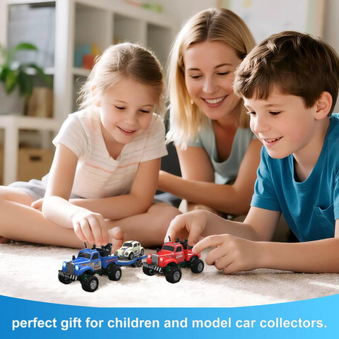 Children playing with Pocket 1 To 64 Scale RC Truck With LED Lights And App Control, 2.4GHz Remote, Alloy Body, indoors.