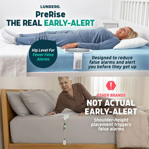 Wireless Early Alert Bed Alarm System for Seniors and Fall Prevention, No Wires, No Bedside Noise, Alerts Sent to Your Pager, Keeps Loved Ones Dignified While Boosting Nighttime Safety; woman on bed sensor