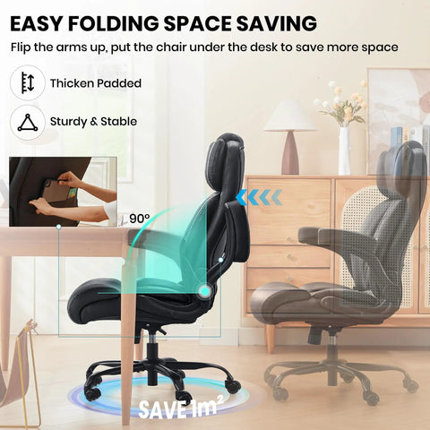 Big And Tall 500Lbs Office Chair With Inflatable Lumbar Support shown folded under desk for space saving.