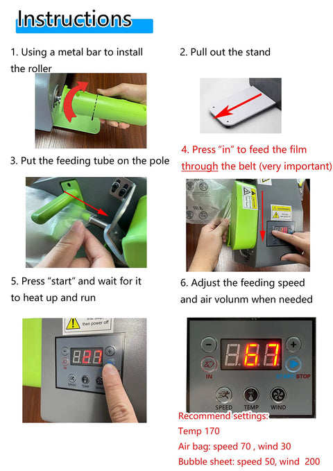 Instructions for Heavy Duty High Speed Air Cushion Machine Rolls Out Bulletproof Air Pillows At Thirty Nine Feet Per Minute.