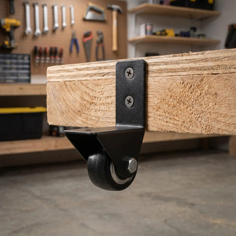8 Piece L Shaped Plate Casters For Furniture And Luggage With Rubber Wheels, mounted on wooden surface