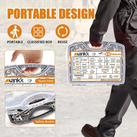 Person carrying a 312 Piece Hex Bolts And Nuts Kit In 304 Stainless Steel with Flat And Spring Washers, portable tool box