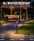 Low Voltage Pathway Lights 6 Pack Outdoor Landscape Lighting 12V 10W 2700K Warm White Die Cast Aluminum Housing For Walkways Patios Yards Gardens Easy Install For Outdoor Decor shown illuminating a garden path at night with weatherproof icons displayed.