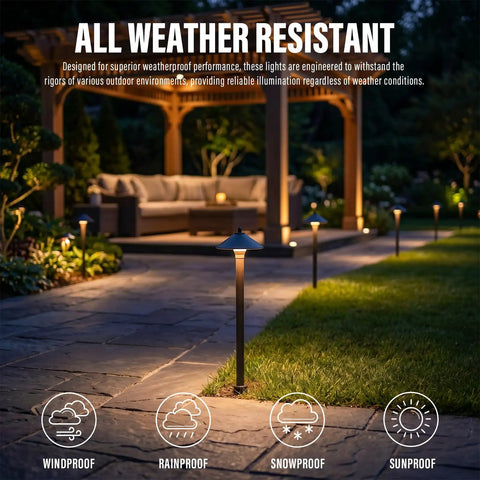 Low Voltage Pathway Lights 6 Pack Outdoor Landscape Lighting 12V 10W 2700K Warm White Die Cast Aluminum Housing For Walkways Patios Yards Gardens Easy Install For Outdoor Decor shown illuminating a garden path at night with weatherproof icons displayed.