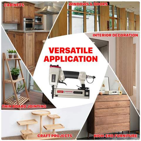 Diagram showing "Pneumatic Pin Nailer 23 Gauge Headless Micro Pinner For Cabinets And Interior Decor, Includes 2160 Pin Nails From 5/32 To 1 Inch, Low Jam Rate, Ideal For Windows And Craft Projects" with uses such as cabinetry, interior decor, and craft projects.
