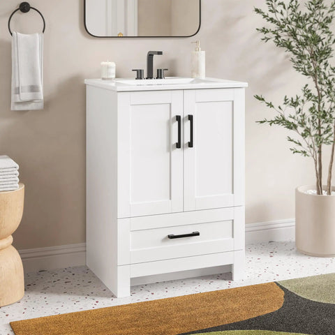 24 Inch Bathroom Vanity With Sink One Soft Close Drawer Two Cabinet Doors Killer White Wood Grain Finish Heavy Duty Engineered Wood Build For Quick Room Refresh Super Smooth Glide Hinges