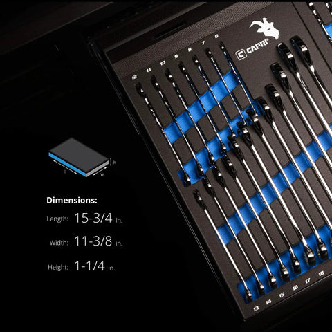 Combination Wrench Set With Mechanic's Tray, Metric 6 To 24 Mm, 19-Piece Pro Grade Chrome Vanadium in spill-resistant setup