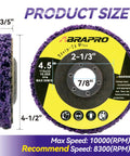 Front and side view of Five Pack Strip Discs Four And A Half Inch By Seven Eighth Inch Stripping Wheel For Angle Grinder With Silicon Carbide Abrasive Featuring Product Dimensions