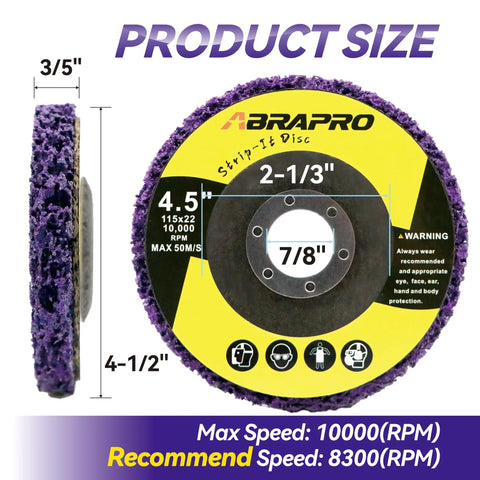 Front and side view of Five Pack Strip Discs Four And A Half Inch By Seven Eighth Inch Stripping Wheel For Angle Grinder With Silicon Carbide Abrasive Featuring Product Dimensions