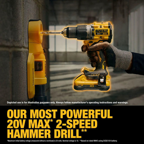 High-torque 20V Max XR Hammer Drill in use, showcasing drilling power into concrete