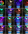 Awesome Kids Night Light Moon And Star Projector with 360 Degree Rotation displayed with various color modes