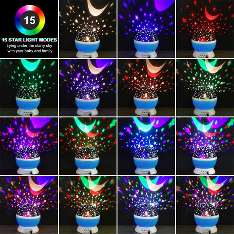 Awesome Kids Night Light Moon And Star Projector with 360 Degree Rotation displayed with various color modes