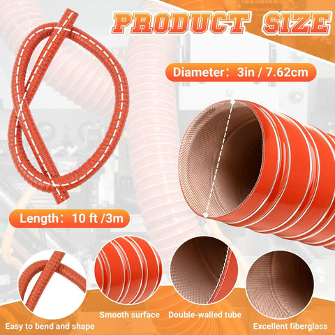 3 Inch By 10 Foot Silicone Air Duct Hose Ultra Flexible High Temp Ducting For Dryer Or HVAC Red Color with size details
