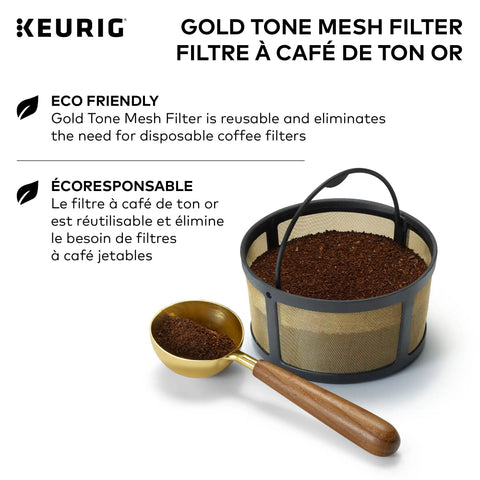 Reusable Gold Tone Mesh Coffee Filter for K Duo Essentials and K Duo Brewers with handle, filled with coffee grounds