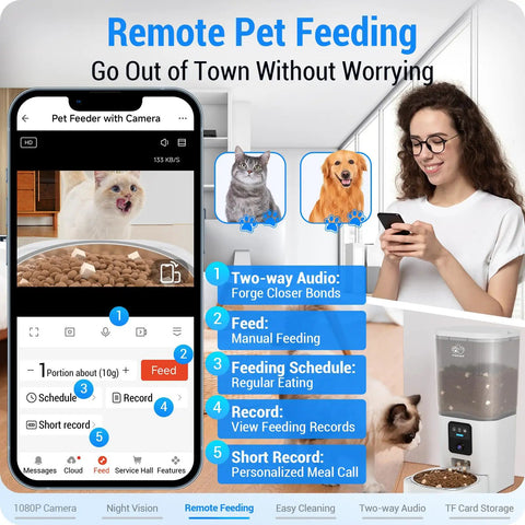 Game Changing Automatic Cat Feeder With 1080P Camera And Night Vision 5G Wifi Smart Dog Food Dispenser showing app interface and remote feeding.