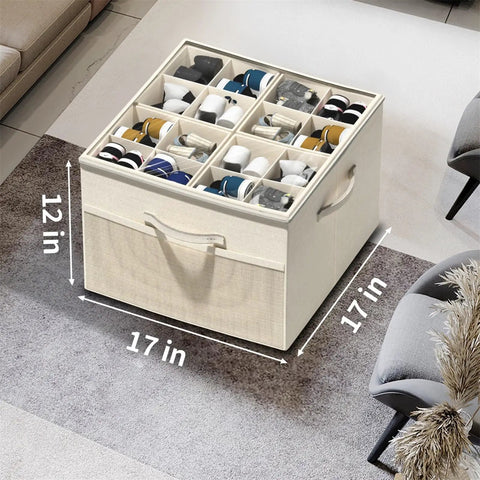 Foldable Closet Shoe Organizer Set, 2 Pack With Adjustable Dividers And Clear Cover shown in living room with dimensions