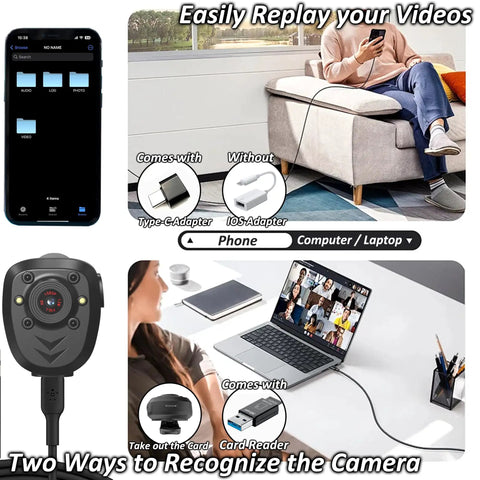 Awesome Stealthy 1080p Body Camera With Night Vision And 64gb Built In Storage showing connection options and adapters usage