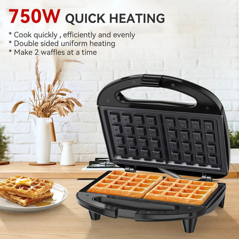 2-Slice Nonstick Waffle Maker With Indicator Lights, Fast 750W Heating For Quick Grab-And-Go Mornings showing two waffles inside