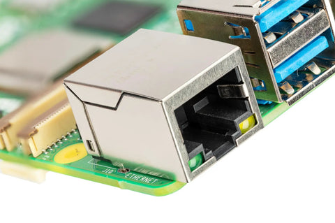 Close-up of Ethernet and USB 3.0 ports on Beefed-Up 8GB RAM Single Board Computer for Makers and Media Buffs - Fast ARM Processor.