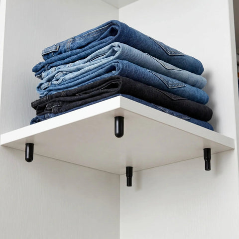 Shelf in cabinet supported by 24 Pack Shelf Pins For Cabinets And Wardrobes, 1/4 Inch Carbon Steel Dowel Pins With Rubber Covers