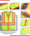 High Visibility Safety Vest With Pockets For Construction Pros ANSI Class 2 Type R Reflective Vest front view with pocket details