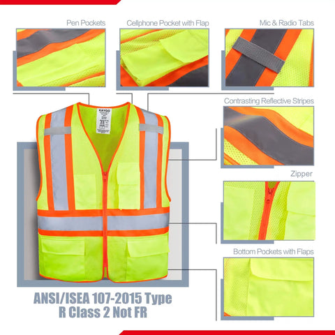 High Visibility Safety Vest With Pockets For Construction Pros ANSI Class 2 Type R Reflective Vest front view with pocket details