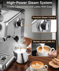 Next Level Semi Automatic Espresso Machine With Built In Conical Burr Grinder, 20 Bar Pressure, 44 Precision Grind Steps, And Quick Milk Frother For Cranking Out Barista Grade Shots Daily At Home with steam wand and milk pitcher.