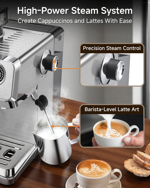 Next Level Semi Automatic Espresso Machine With Built In Conical Burr Grinder, 20 Bar Pressure, 44 Precision Grind Steps, And Quick Milk Frother For Cranking Out Barista Grade Shots Daily At Home with steam wand and milk pitcher.