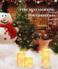Ivory Real Wax Flameless Taper Candles Set Of 3 With Copper String Lights displayed in Christmas scene with snowman and tree
